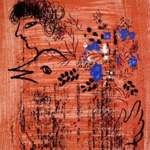Pode incluir: Uma pintura abstrata com fundo vermelho e detalhes em preto e azul. A pintura apresenta uma figura estilizada com um desenho floral.