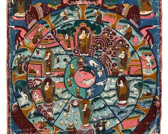 Pode incluir: Uma pintura budista tibetana colorida que representa a Roda da Vida, um diagrama circular que ilustra o ciclo de renascimento e sofrimento. A imagem central mostra um porco, uma cobra e um galo, que representam os três venenos da ganância, do ódio e da ilusão. O anel externo representa os seis reinos da existência, enquanto o anel interno mostra o caminho para a libertação.