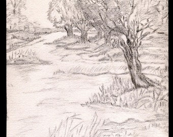 Print of original charcoal drawing, Springtime.  Springtime trees on banks of flowing river with a black border.