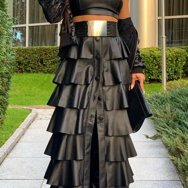 Pleated Black Leather Skirt/ Women Black Leather Long Skirt with Buttons