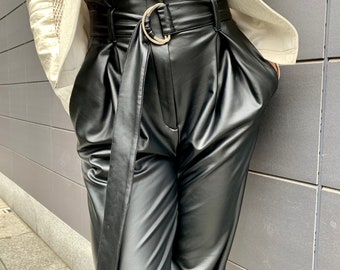 Black Faux Leather Pants/ High Waisted Women Leather Pants/ Pleated Leather  Trousers for Women