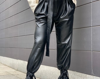 Black Faux Leather Pants/ High Waisted Women Leather Pants