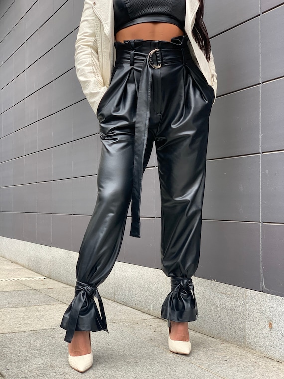 Black Faux Leather Pants/ High Waisted Women Leather Pants