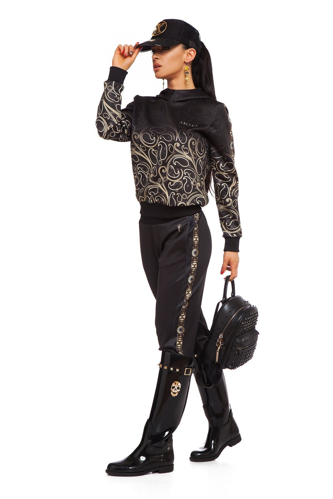 Black and Gold Tracksuit Outfit for Women, Street Style Two Piece