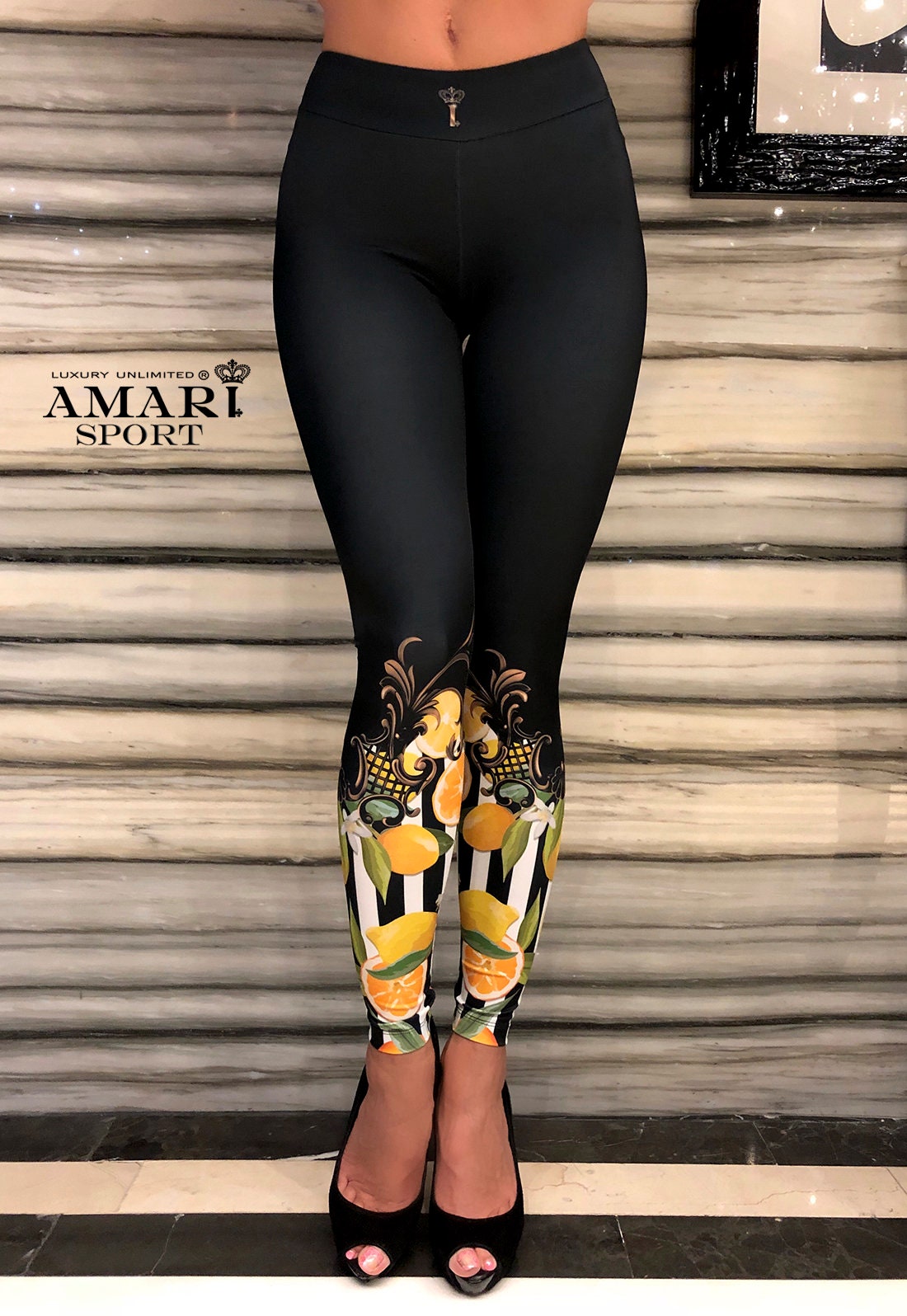 Ankle High Black Leggings With Funky Citrus Fruit Detail, Tummy Control  Curve Shaping Leggings, Luxury Aesthetic Athleisure Resort Wear 