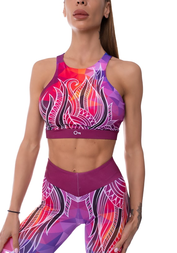 Pink and Purple Push up Sports Bra for Workouts With Medium and