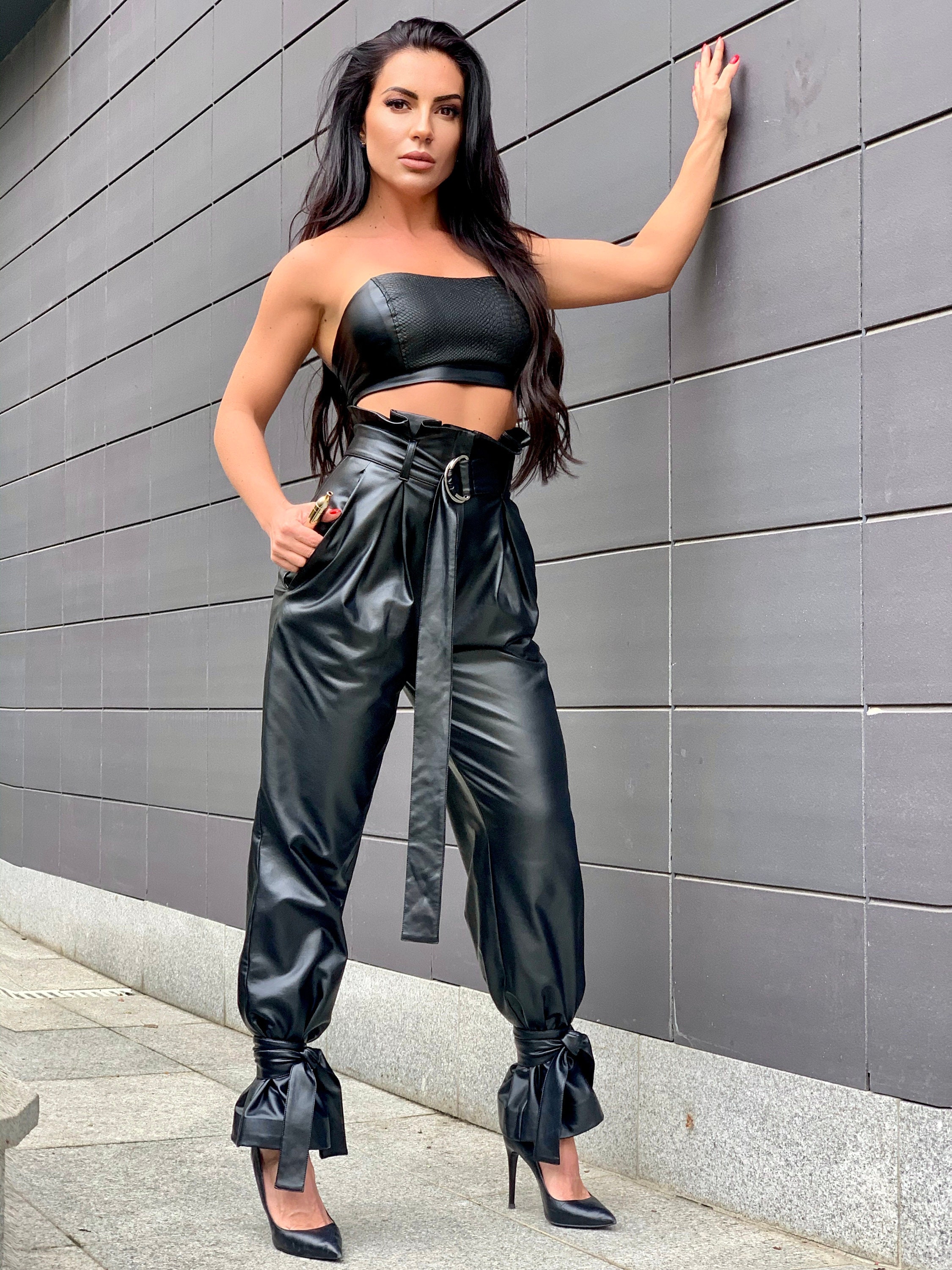 Buy Black High Waisted Button Jeans Leather Look Trousers Online