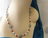 Turquoise, red Jasper and Silver Necklace with matching Earrings