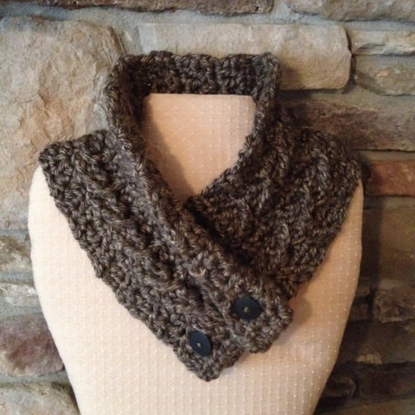 INSPIRED Button Cowl CROCHET PATTERN - Button Scarf - Short Scarf with Buttons - Cable Knit Neck Warmer Pattern - Crochet Neckwarmer Pattern
