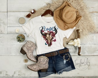 Cow Skull Country Shirt , Aztec Cow Skull , Western T-shirt , Country Graphic Tee, Boho Shirt, Western Boho Shirt, Bull Skull Floral Shirt