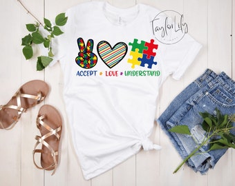 Aceptar amor entender camisa de autismo, pieza de rompecabezas de corazón de autismo, camiseta de conciencia de autismo, camisa de mamá de autismo, camisa de caminata de apoyo de autismo, autismo