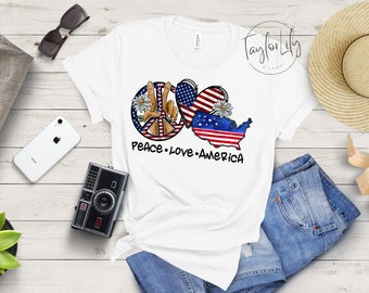 Peace Love America Shirt, 4th of July Shirt, Independence Day Shirt, Freedom Shirt, Patriotic Shirt, USA Flag, Peace Sign, American Flag Tee