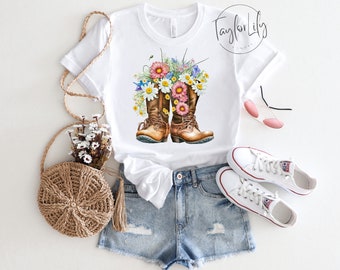 Cowgirlstövlar, Vintage-T-shirt, Country-T-shirt, Western-T-shirt, Boho-T-shirt, Southern-T-shirt, Blommig T-shirt, Texas-T-shirt, Akvarellblommor