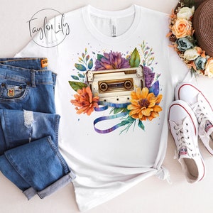 Retro Cassette Tapes, Music Lover Shirt, Gift For Music Lovers, White Graphic Tee, Band T Shirt, 80s Retro Gifts, 90s Retro Gifts, Flowers