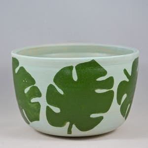 May include: A light blue ceramic bowl with a green monstera leaf design. The bowl is perfect for serving snacks or holding small items.