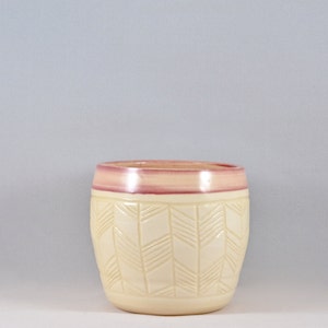 May include: A white ceramic planter with a pink band around the top and a geometric pattern carved into the sides.