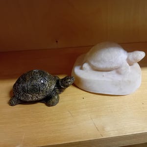 May include: A small, dark green turtle figurine with a detailed shell and a white turtle mold.