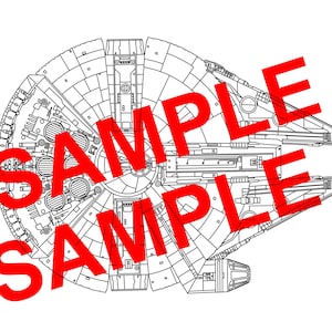 Puede incluir: Dibujo lineal en blanco y negro de la nave espacial Halcón Milenario, una nave espacial ficticia de la franquicia Star Wars. La imagen es una ilustración técnica detallada, con la palabra "SAMPLE" en rojo.