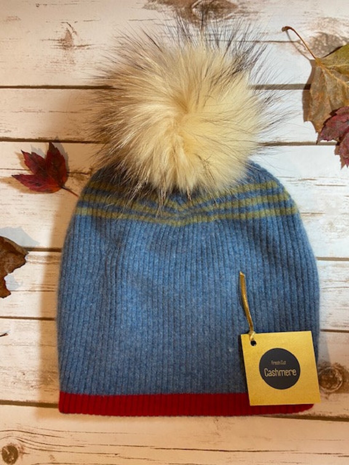 HANDMADE Blue Striped Cashmere Hat with Pom Pom Etsy