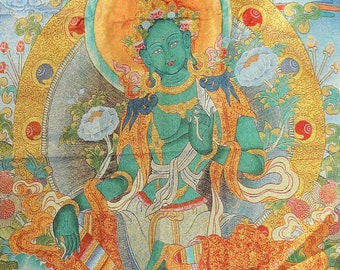 Tapestry Thangka Tibet Buddha Green Tara - Brocade - Woven fabric silk gold tone Large - Buddhism Religious Meditation
