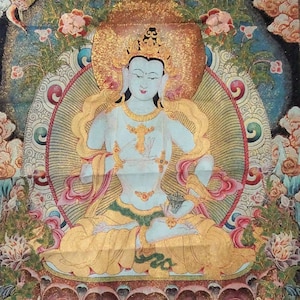 Tapestry Thangka Tibet Buddha Tara on Lotus Trone - Brocade - Woven fabric silk gold tone Large - Buddhism Religious Meditation