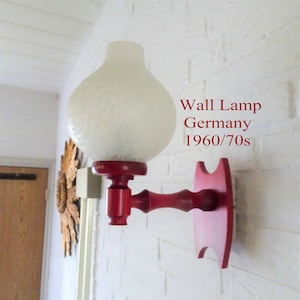 vintage table lamp red wooden base and pleated fabric hood etsy