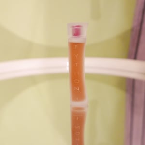 May include: A clear, slender bottle with a pink cap and orange liquid inside. The word "PYTHON" is printed vertically on the bottle. The bottle has a curved shape and is set against a light green background.