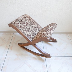 50s Design Swing Footstool - 1950s - Teak Wood Brown Flower Fabric