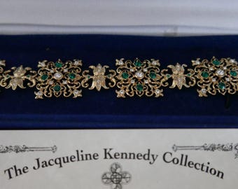 JBK Jackie Bouvier Kennedy Bracelet - Gold Green Crystal - Camrose & Kross 1990s - New Old Stock