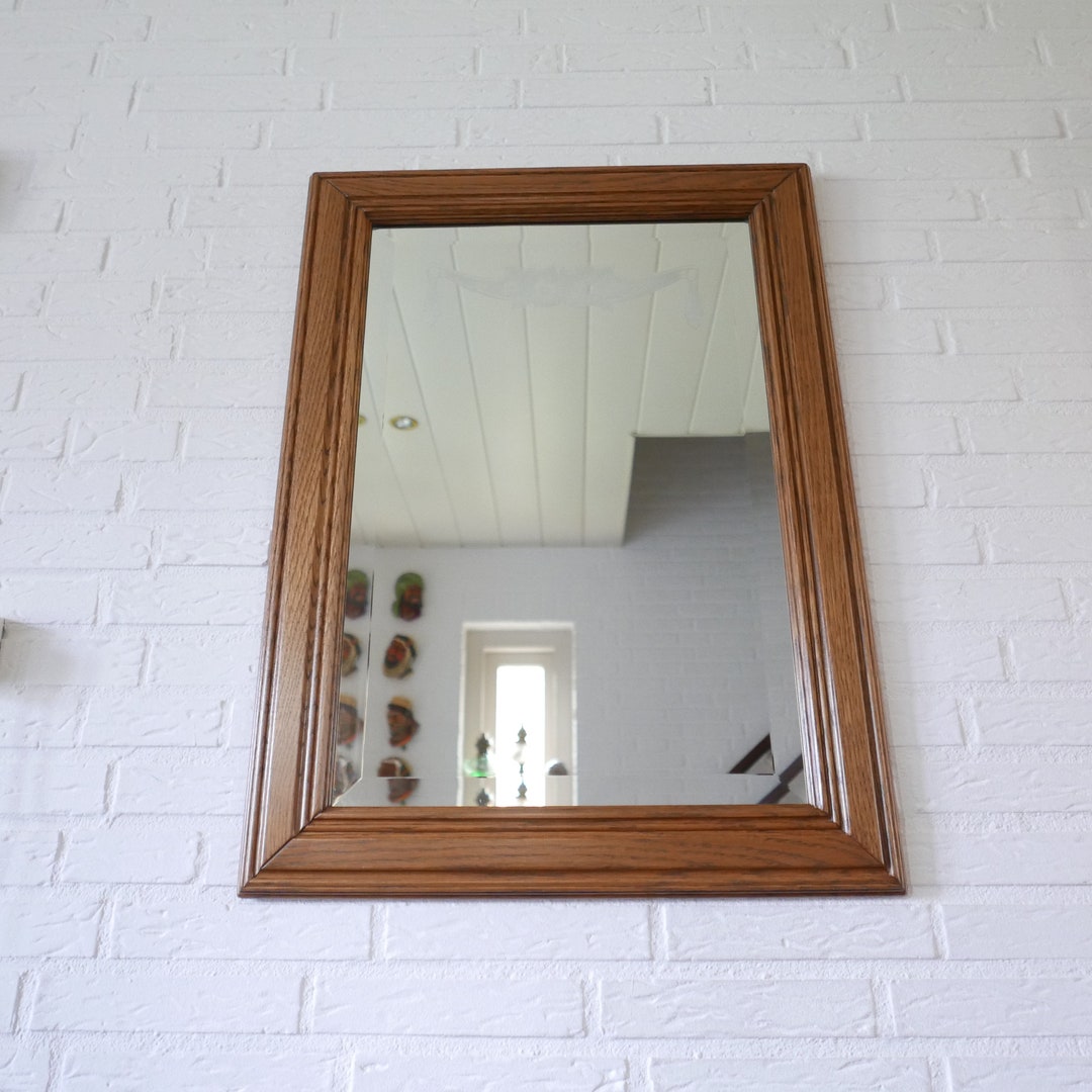 Vintage Large Mirror in Oak Wood Frame With Engraved 1970s Wall Hanging