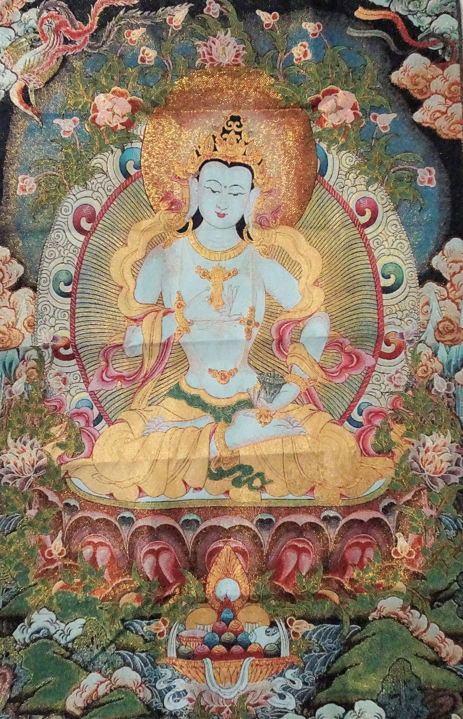 Tapestry Thangka Tibet Buddha Tara on Lotus Trone - Brocade - Woven fabric silk gold tone Large - Buddhism Religious Meditation