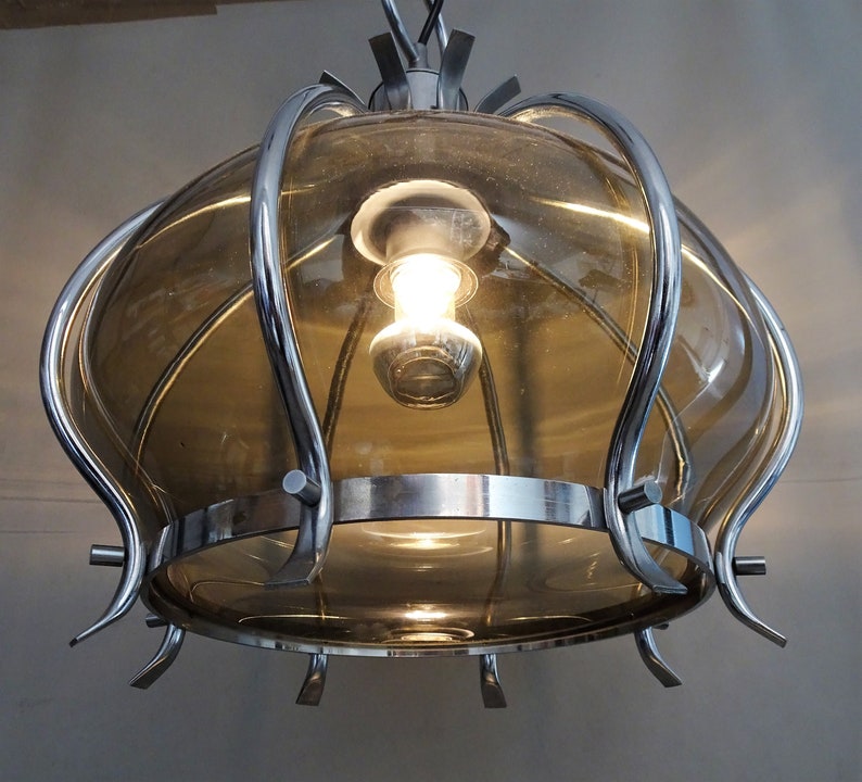 Smokey Glass Chrome Metal Space age Gift men woman Vintage retro pendant light 1960s 1970s