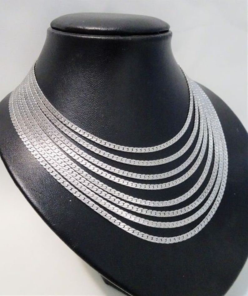 Multiple strands rows chains Vintage Gift woman Signed MONET 8-Row Chain Necklace 1980s Silver tone