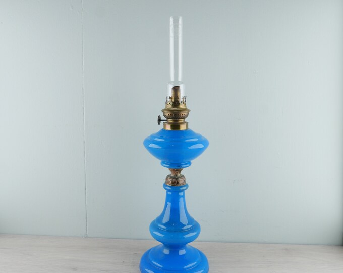 Old Oil Lamp Vintage Lamp Oil Lamp Blue Opaline Glass Etsy