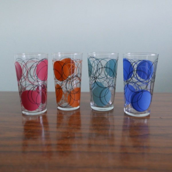 4 Quatre Verres à Eau Soda Limonade - Années 1980 - Bleu Rouge Orange