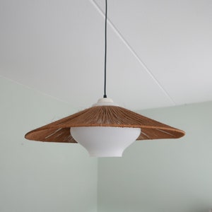 Design Pendant Lamp by Temde Leuchten Germany - Frosted Glass Shade Raffia - Vintage 1970s - Mid Century Modern
