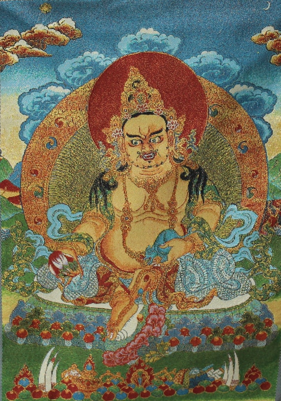 Tibet Tibetische Tuch Seide Gelb Jambhala Reichtum Gott Tangka Thangka Malerei 