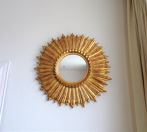Handcarved Gilt Wood Sunburst Mirror From The 1950s Gold Handcarved Gilt Wood Sunburst Mirror