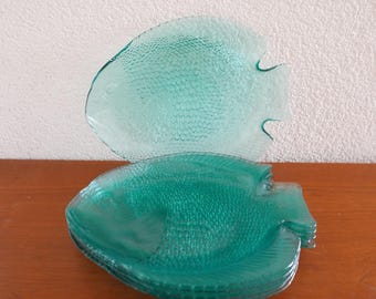 Fish Plate / Bowl in Transparent Turquoise Glass - Marked Arcoroc France