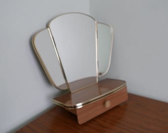 SPIEGEL - Vintage Asymmetrischer Triptychon-Wandspiegel mit Regal und Schublade 1950er Jahre - Schminkspiegel Frisiertisch