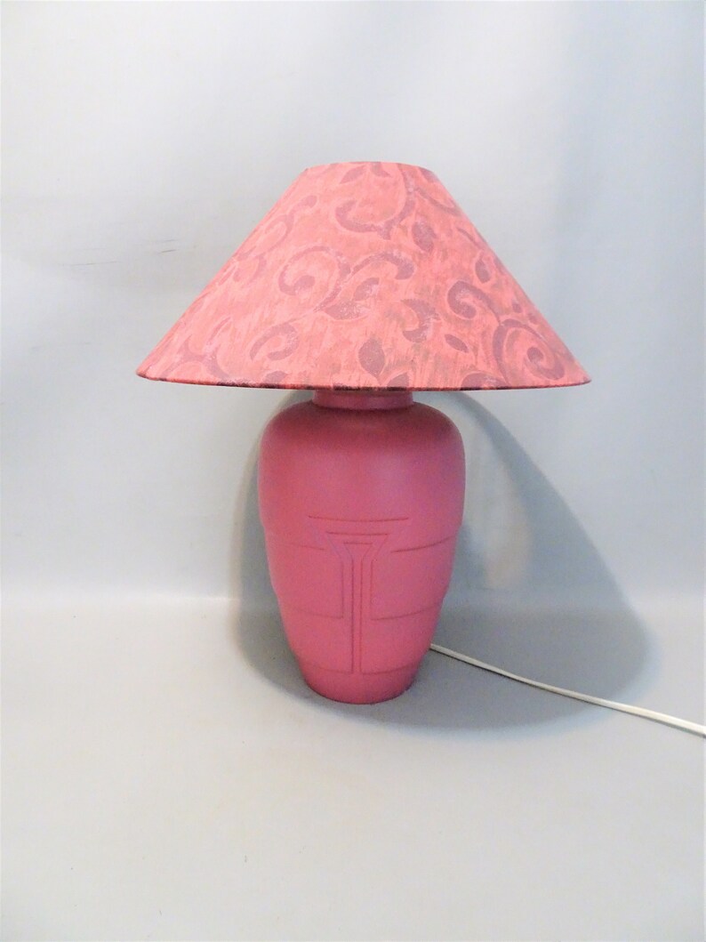 Vintage Pink Ceramic Table Lamp With Fabric Lampshade Years 80 Standing Bedside Cabinet Dark Old