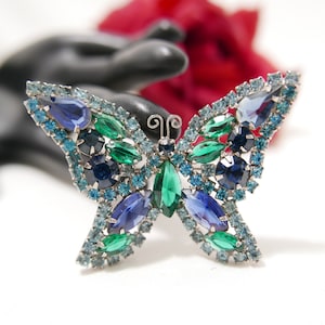 Albert Weiss Butterfly Brooch in Blue Green Rock Crystal Rhinestone 1970s Vintage - Not Signed