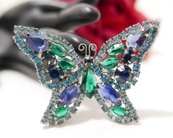 Albert Weiss Butterfly Brooch in Blue Green Rock Crystal Rhinestone 1970s Vintage - Not Signed