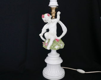 Angel Girl Table Lamp - Italy 1950s - White Pink Green Ceramic - Vintage lamp without shade - Putty - Child with flowers