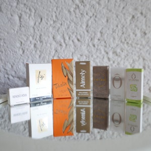 7 Vintage Empty Perfume Miniature Bottle in Original Box - Lancome, Michel Klein, Guy Laroche, Figenzi, Thalia, Tribu
