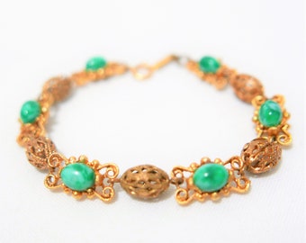 Signed FLORENZA - Beautiful and delicate 1960s filigree bracelet set with faux Green Jade