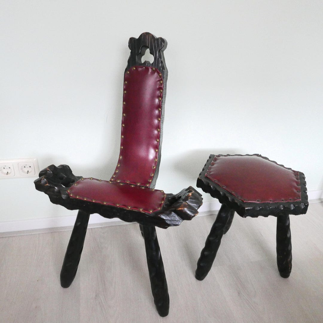 Spanish Stool Hand Carved Wood With Red PU Skai Leather