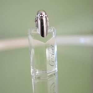 Könnte beinhalten: Ein kleiner, klarer Parfümflakon mit silbernem Verschluss. Der Flakon hat eine rechteckige Form mit einem V-förmigen Design auf der Vorderseite. Das Wort "Cartier" ist in kursiver Schrift auf dem Flakon aufgedruckt.