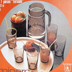 Luminarc France 7-piece Set Jug with glasses in smoke glass 70s - Model Torsade - New old stock