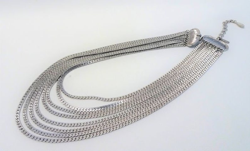 Multiple strands rows chains Vintage Gift woman Signed MONET 8-Row Chain Necklace 1980s Silver tone